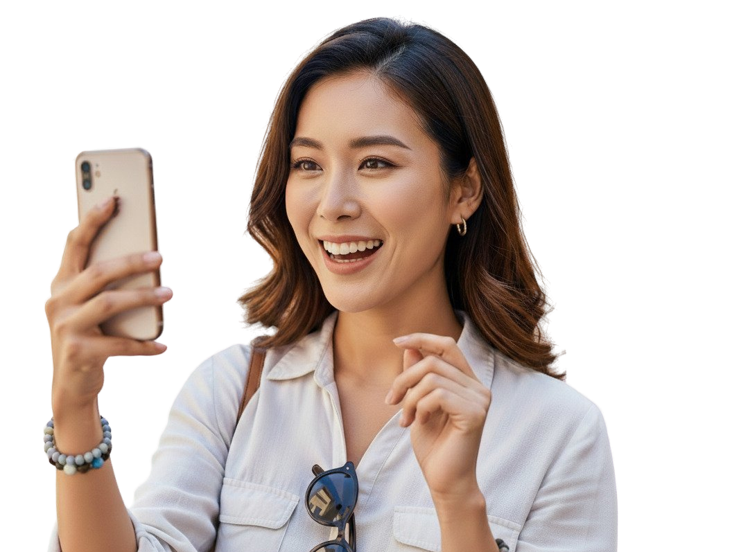 Happy woman using smartphone with eSIM connectivity while traveling
